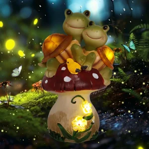 Outdoor Garden Solar Light Statue, Solar Light Turtle Garden Statue, Solar Resin Two Turtles Stand Mushroom Statue Light